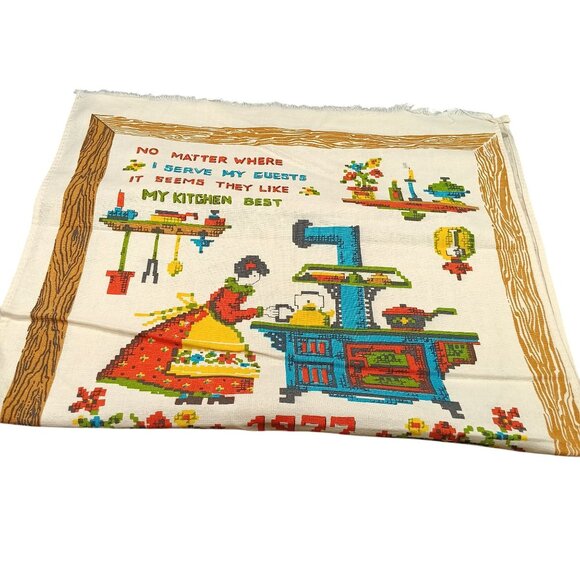 Vintage 1977 Kitchen Calendar Towel With Rustic Design & Cross-Stitch Patterns - Picture 2 of 3